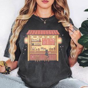 Camiseta Tienda de Ramen de Gato Negro Adorable Flores de C