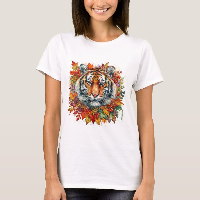 Camiseta Tiger Face Among Fall Leaves (Anverso)