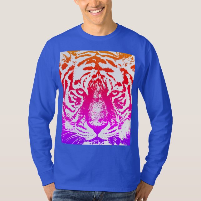 Camiseta Tiger Face Mens Moderno Larga Manga Profunda Azul  (Anverso)