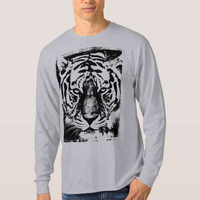 Camiseta Tiger Face Mens Plantilla moderna Larga Manga Gris (Anverso)