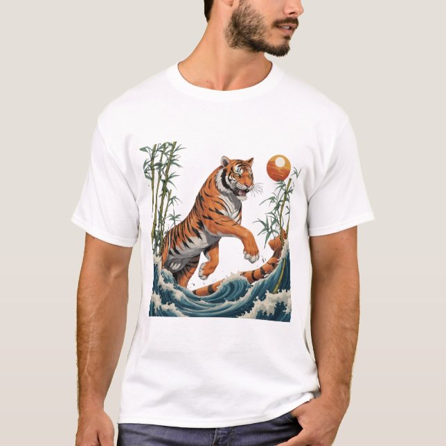 Camiseta Tiger Wave Art - Ukiyo-e Bamboo Sunset Design (Anverso)
