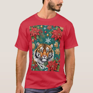Camiseta Tigre de Navidad con poinsettias y copos de nieve