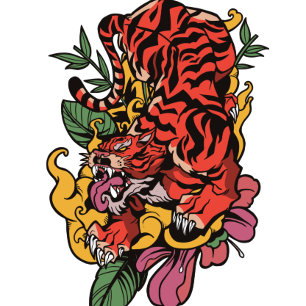 Camiseta Tigre floral tradicional japonés con flores de tig