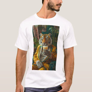 Camiseta Tigre gracioso en ropa humana tomando café T-Sh