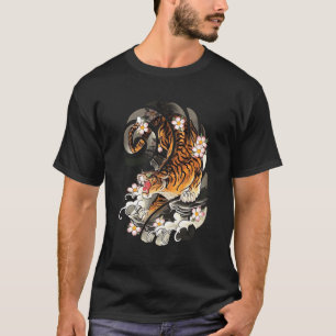 Camiseta Tigre japonés con flores de cerezo asiático tradic