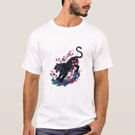 Camiseta Tigre Japonés Negro y Flores de Cerezo