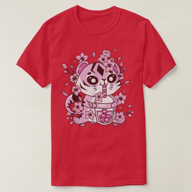 Camiseta Tigre Kawaii con té de burbuja y té Boba y Saku (Diseño del anverso)