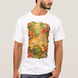 Camiseta Tigre Tabby Dorado entre flores tropicales