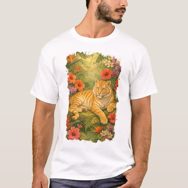 Camiseta Tigre Tabby Dorado entre flores tropicales (Anverso)