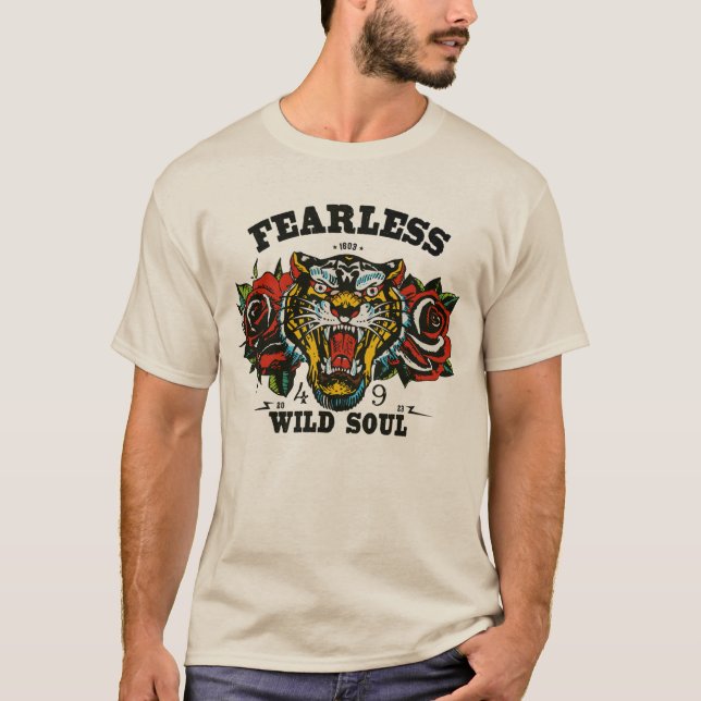 Camiseta Tigre tattoo old school fleur fearless wild soul (Anverso)