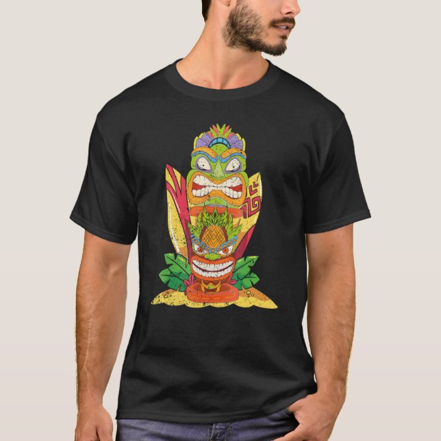 Camiseta Tiki Mask Estatua Hawaiana Surfboard Polinesia Lua (Anverso)