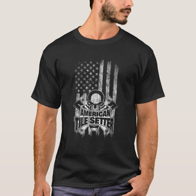 Camiseta Tile Setter T Shirt American Flag Skull y Trowel (Anverso)