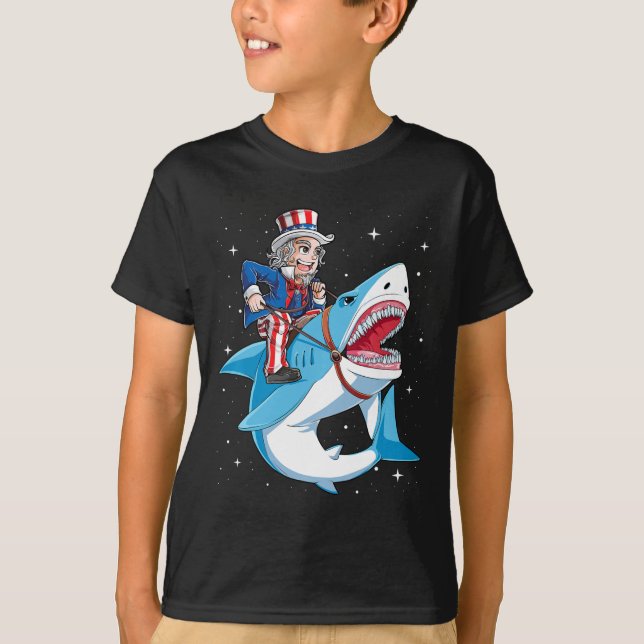 Camiseta Tío Sam Riding Shark T Shirt 4 De Julio Niños Bo (Anverso)