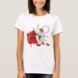 Camiseta Tipografía de Amor Negrita con Hojas de Rosa Roja 