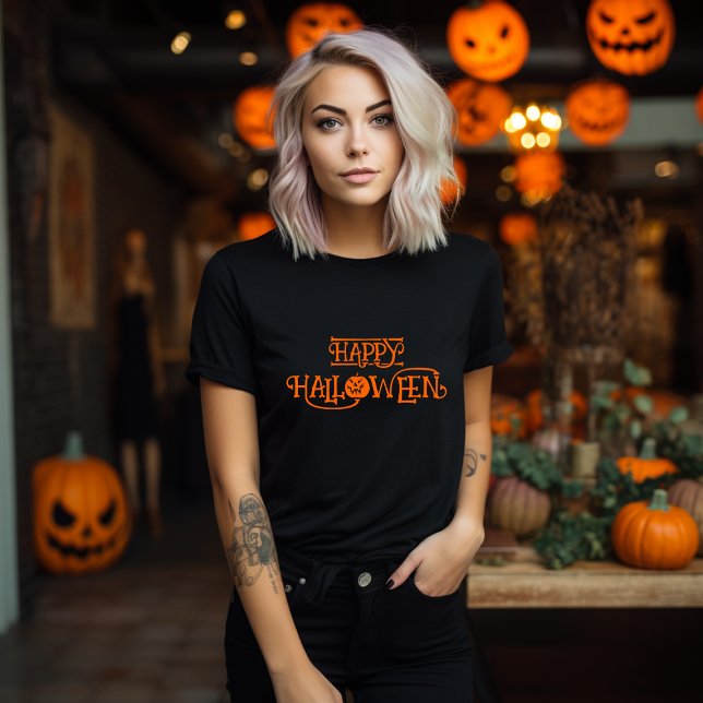 Camiseta Tipografía de halloween negra y Naranja (Bony Happy Halloween Typography Tee)