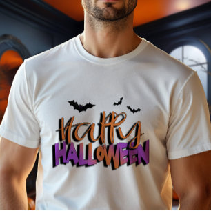 Camiseta Tipografía Feliz Halloween con Murciélagos Naranja
