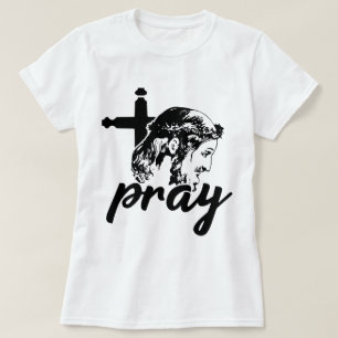 Camiseta Tipografía gris imagen de Jesús mujer blanca