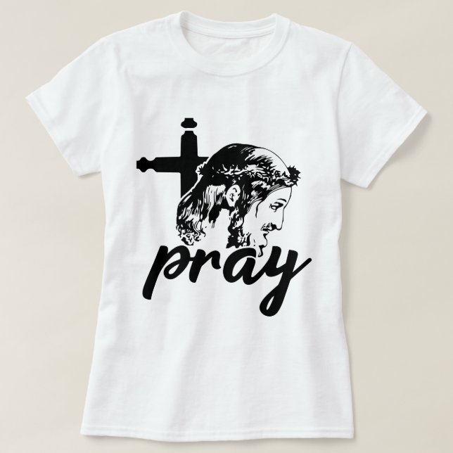 Camiseta Tipografía gris imagen de Jesús mujer blanca (Diseño del anverso)