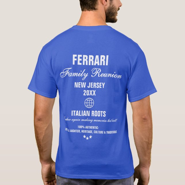 Camiseta Tipografía moderna Reunión familiar Azul real (Reverso)