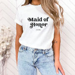 Camiseta Tipografía simple retro boho | Empleada de honor<br><div class="desc">Esta sencilla y moderna camiseta muestra las palabras "Made of Honor" en una tipografía negra retro,  junto con un espacio para su nombre,  y es el regalo perfecto para los miembros de su fiesta nupcial.</div>