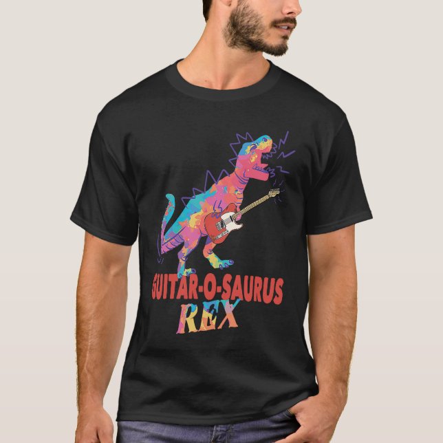Camiseta Tirano Saurus Rex Tocando Rock Guitar O Saurus Rex (Anverso)