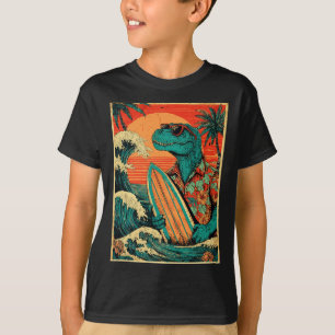 Camiseta Tiranozo T-Rex Surfista Retro Hawaiano Verano Dino