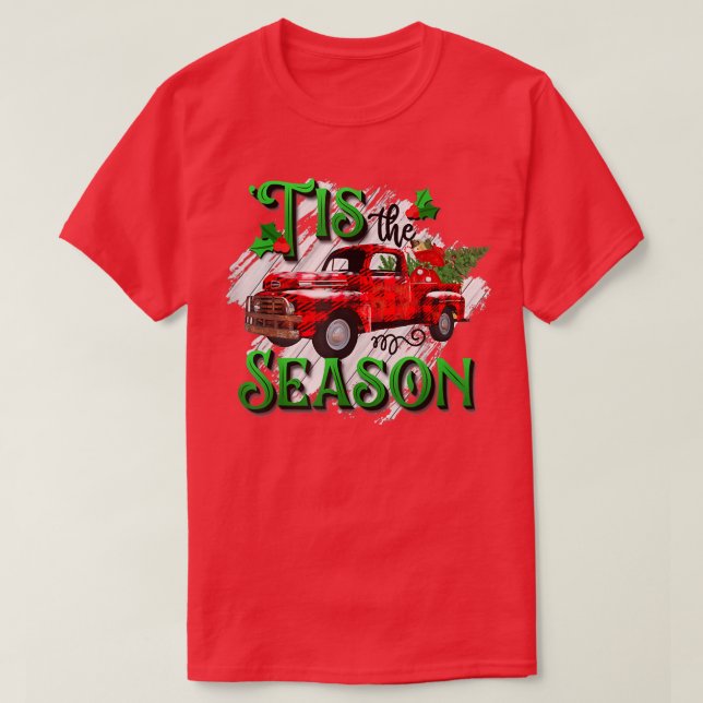 Camiseta Tis The Season Red Plaid Retro Truck Christmas Xma (Diseño del anverso)