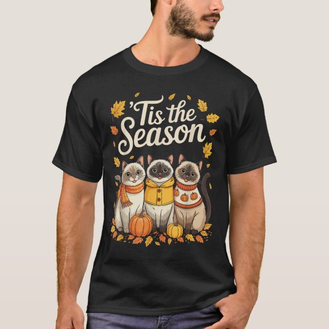 Camiseta Tis The Season Siamese Cat Fall Autumn Pumpkin  (Anverso)