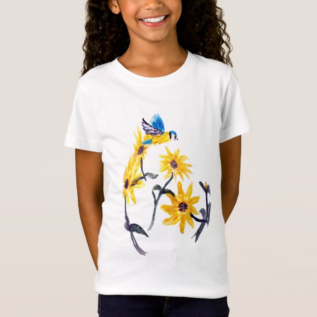 Camiseta Tit azul y arte amarillo de los girasoles, (Anverso)