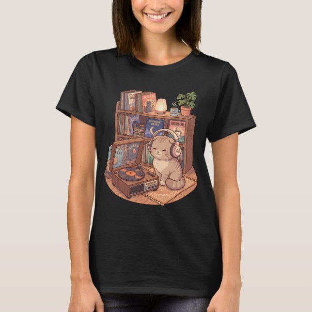 Camiseta Tocado de DJ de vinilo Scottish Fold Lo-Fi (Anverso)