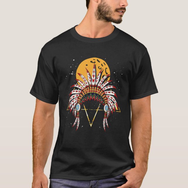 Camiseta Tocado de Plumas Indias Puesta de Sol Nativo Ameri (Anverso)