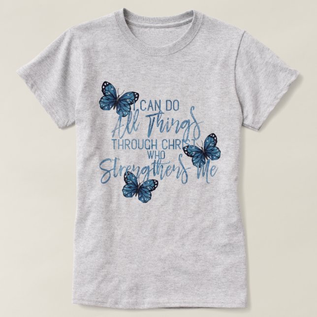 Camiseta Todas las cosas con diseño azul de la mariposa de (Diseño del anverso)