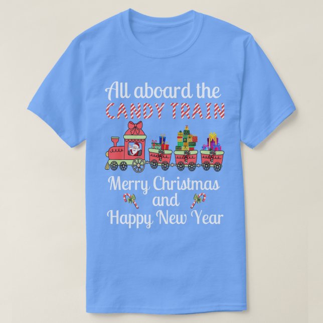 Camiseta Todos a bordo del tren Candy Feliz Navidad y Hap (Diseño del anverso)