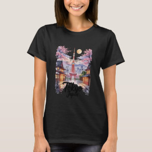 Camiseta Tokio Japón Flor de Cerezo Escena Nocturna Mt Fuji