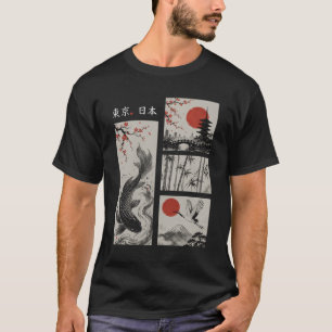 Camiseta Tokio Japón Koi Pez Grulla Bambú Sol Rojo Asiático