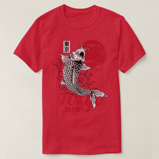 Camiseta Tokio: Tokio, Japón, diseño con carpa Koi en rojo  (Diseño del anverso)