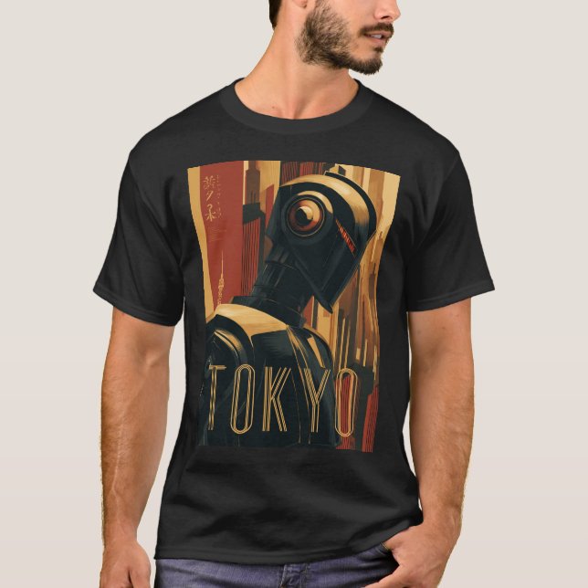 Camiseta Tokyo Retro Art Deco Poster with Futuristic Robot (Anverso)
