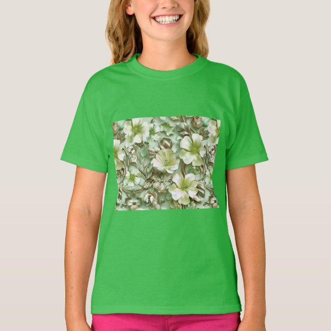 Camiseta Tonos verdes, patrón floral (Anverso)