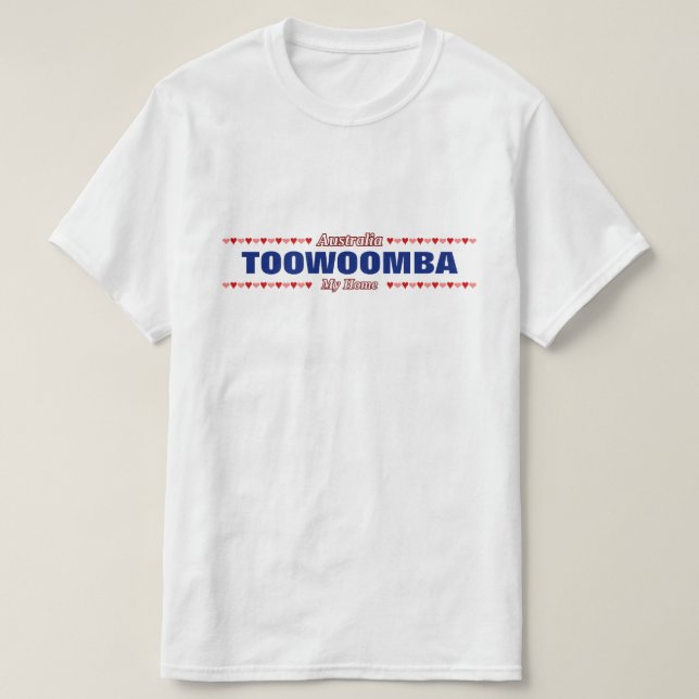 Camiseta TOOWOOMBA - Mi hogar - Australia; Corazones rojos (Diseño del anverso)