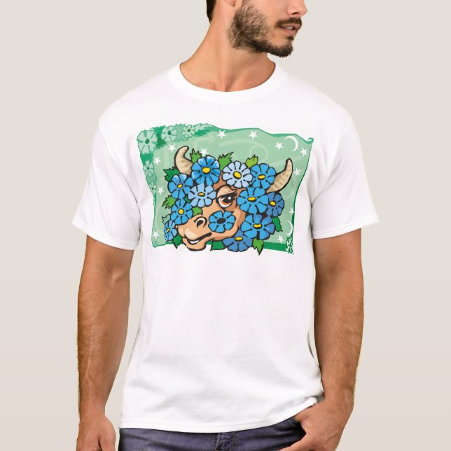 Camiseta Toro de Taurus floral con flores azules (Anverso)