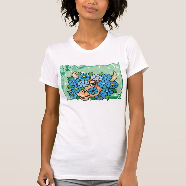 Camiseta Toro de Taurus floral con flores azules (Anverso)