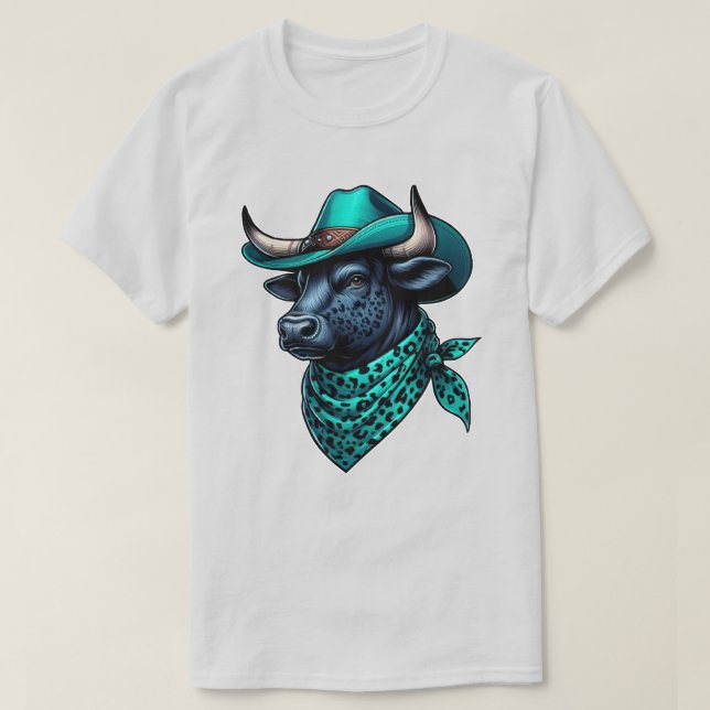 Camiseta Toro de vaquero con Gorra turquesa y bufanda (Diseño del anverso)