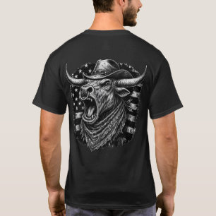 Camiseta Toro Longhorn Vaquero Rugiendo con Bandera America