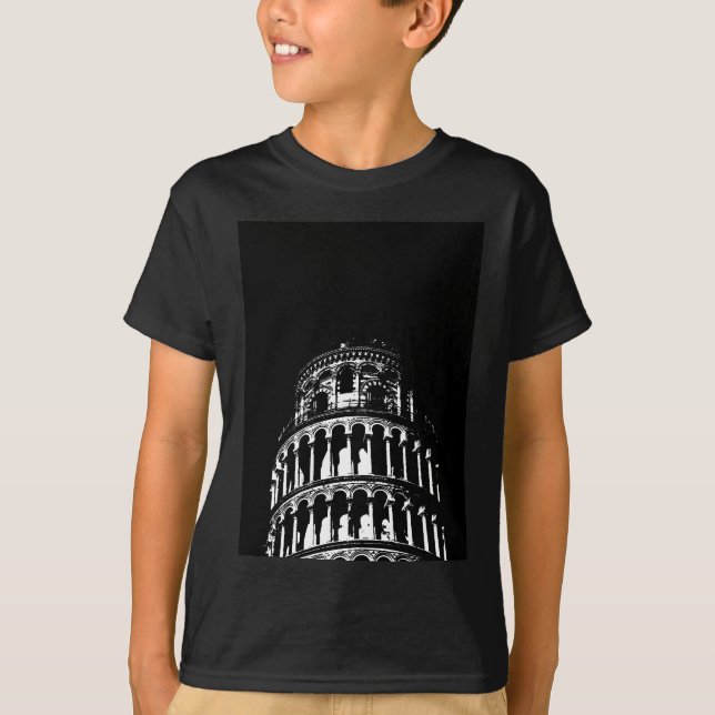 Camiseta Torre de Pisa Italia de inclinación blanca negra (Anverso)