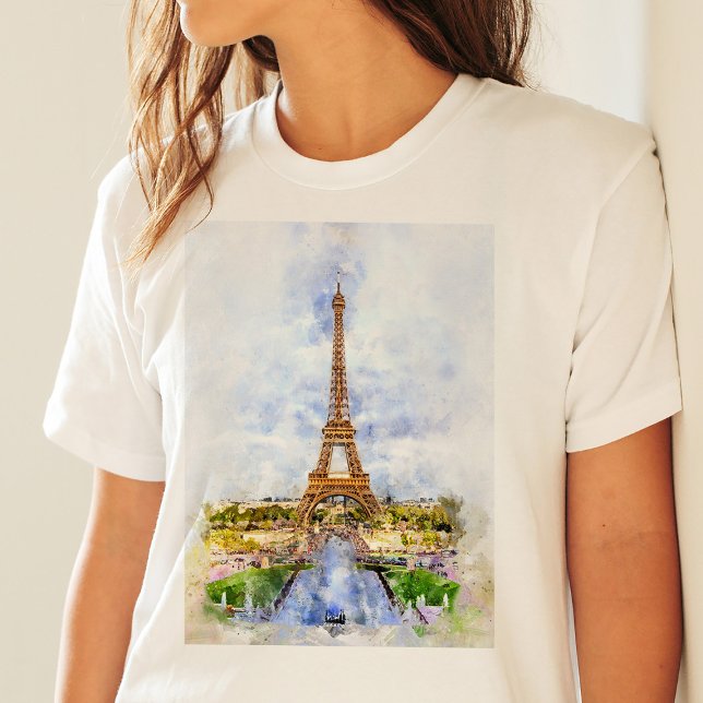 Camiseta Torre Eiffel Atardecer París Acuarela Francesa (Sunset Eiffel Tower Paris French Watercolor. Women Basic White T-Shirt)