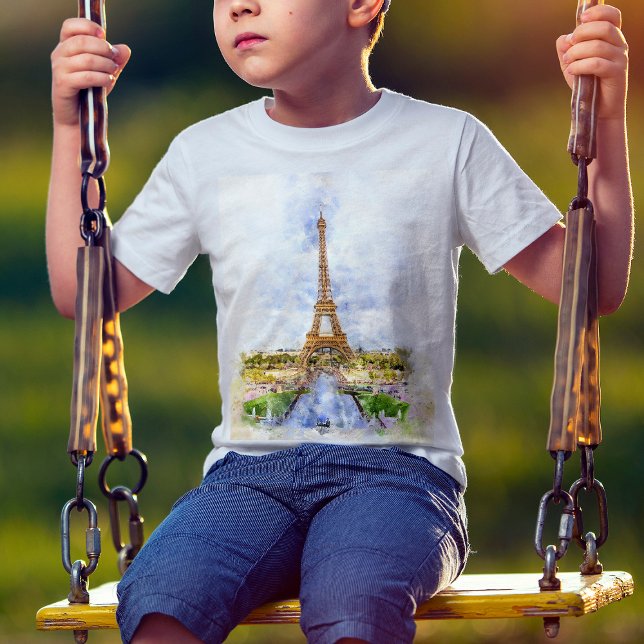 Camiseta Torre Eiffel Atardecer París Acuarela Francesa (Sunset Eiffel Tower Paris French Watercolor. Boy Basic White T-Shirt)