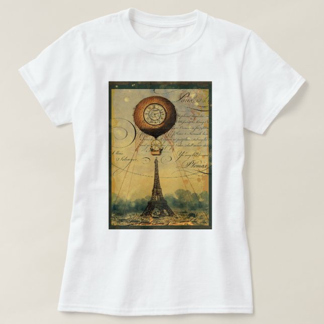 Camiseta Torre Eiffel Steampunk y globo de aire caliente (Diseño del anverso)