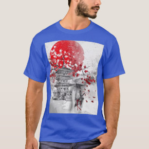 Camiseta torre japonesa con flores de cerezo y un samurai (