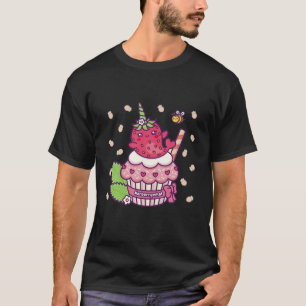 Camiseta Torta rosa con fresa unicornio divertida Kawaii