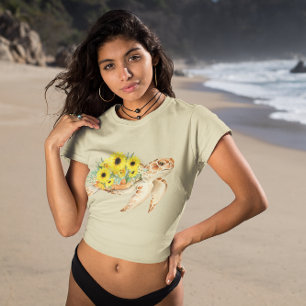 Camiseta Tortuga acuarela con girasol gráfico